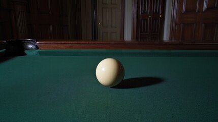Single cue ball on a pool table in a dimly lit room