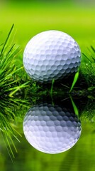 A golf ball is resting on the grass, which is a vibrant green color. The ball is white and he is in a natural setting, possibly on a golf course