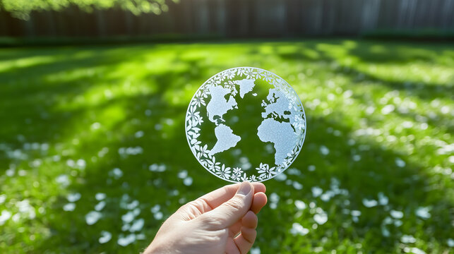 Eco-Friendly Concept &ndash; Hand Holding Decorative Earth Globe Over Green Grass