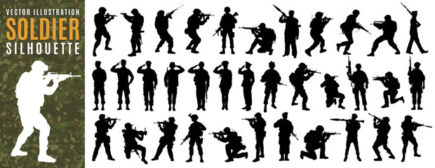 American army soldier, military man and veteran silhouette holding weapon. Silhouette of usa army or salute soldier with gun rifle and camouflage pattern for fourth of july or memorial day background.