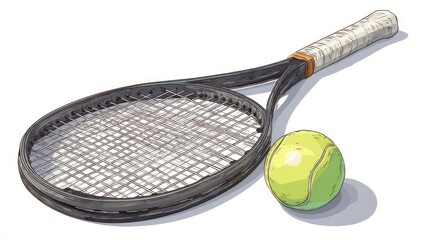 Cartoonish tennis racket and ball vector art, white background