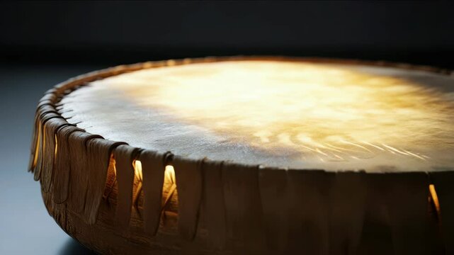 Close-up view of a traditional leather drum.