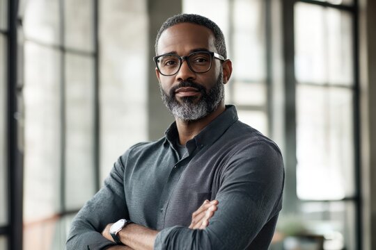 Confident middle-aged Black man with glasses standing in modern office