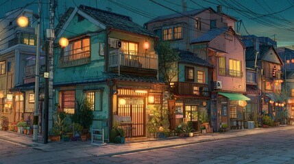 Obraz premium A stunning image of beautiful japanese tokyo city town in the evening. houses at the street. anime comics artstyle. cozy lofi asian architecture.