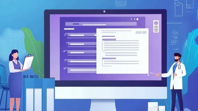 Medical Professionals Collaborating on a Computer Screen Presenting Information with a Futuristic Interface, Discussing Case Studies