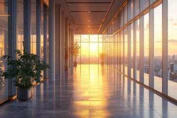 Fototapeta premium Bright spacious modern hallway with sunset light and windows