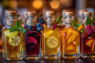 An assortment of artisanal fruit infused liqueurs in decorative bottles, each meticulously crafted with fresh ingredients for a delightful tasting experience that's sure to impress.
