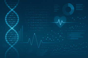 This image features a blue background with DNA strands, heartbeat graphs, and data visuals, symbolizing advancements in genetics, health technology, and scientific research.