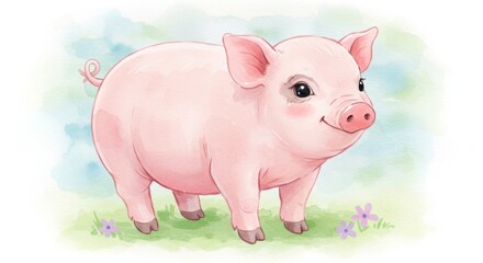 Fototapeta premium Adorable Pink Piglet in Meadow - Cute illustration of a happy pink piglet standing in a green field with purple flowers. Perfect for children's books, cards, or websites