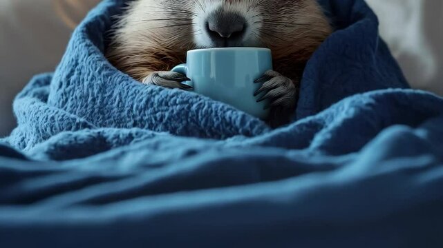 Cute marmot snugly wrapped in a cozy blue blanket, drinking from a light blue cup indoors on a bed in a relaxed, humorous scene.