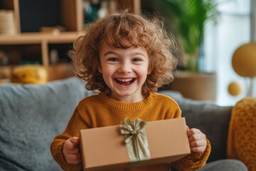 Excited child holding gift box from online order