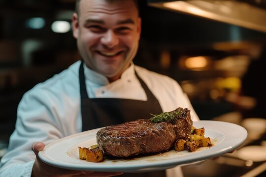 Proud chef presenting cooked steak with bright smile - Powered by Adobe