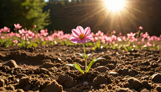 Le soleil levant dans un champ de fleurs