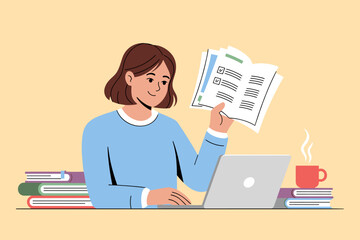 Student studying at home with laptop and books in morning