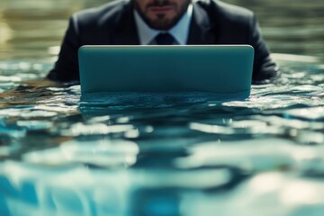 Man in suit working on laptop while floating in pool