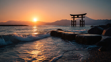 Beautiful japanese torii gate on the sea at sunset with waves landscape travel tourism destination asia japan