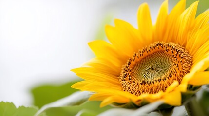Obraz premium Close-up vibrant sunflower with bright yellow petals, green leaves