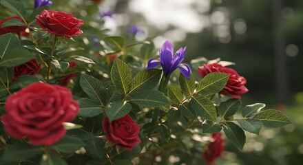 Blooming Flowers in Garden Red Roses and Purple Iris in Soft Light
