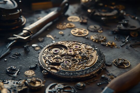 Detailed view of disassembled mechanical watch movement and tools