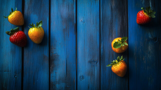 Colorful Strawberries on Blue Wooden Background