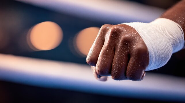 Close-up of a boxer?s wrapped fist poised for action in a vibrant, dynamic boxing ring