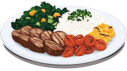 Healthy meal plate with rice, grilled meat, vegetables