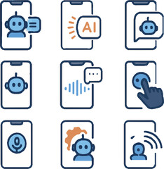 A comprehensive collection of vector icons representing AI-driven communication tools. Includes symbols for chatbots, voice assistants, virtual agents, and digital interaction interfaces.
