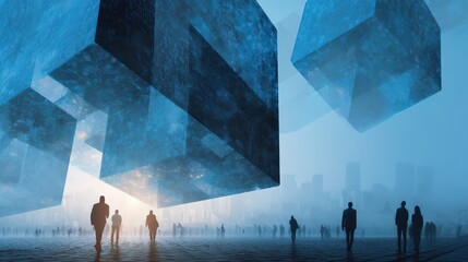 Silhouetted Figures Contemplating Futuristic Megalithic Structures in a Misty Cityscape