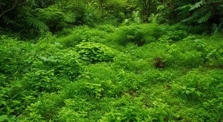 Lush Green Forest Floor Ecosystem - Vibrant green forest, diverse flora, tranquil nature, thriving ecosystem, serene landscape