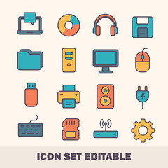 Colorful Flat Line Computer Hardware Icons – Digital Devices and Technology Set