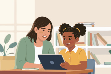 Learning together at home with tablet and smile