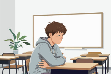 Student sitting alone in empty classroom during class hours