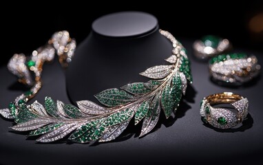 Elegant jewelry set with emerald and diamond leaves.  A statement necklace and matching earrings and rings showcase intricate leaf designs