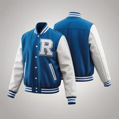 Blue and White Varsity Letterman Jacket with R Patch, Front and Back View, Classic High School Style Bomber Jacket Mockup with Ribbed Cuffs and White Leather Sleeves on Gray Background