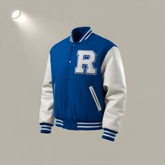 Blue and White Varsity Letterman Jacket with R Patch, Front and Back View, Classic High School Style Bomber Jacket Mockup with Ribbed Cuffs and White Leather Sleeves on Gray Background