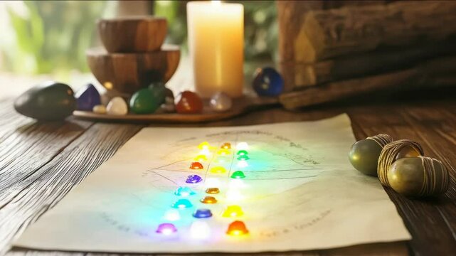 Colorful stones arranged on a diagram.