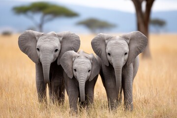Obraz premium Three baby elephants stand in golden grass against a backdrop of trees and open sky