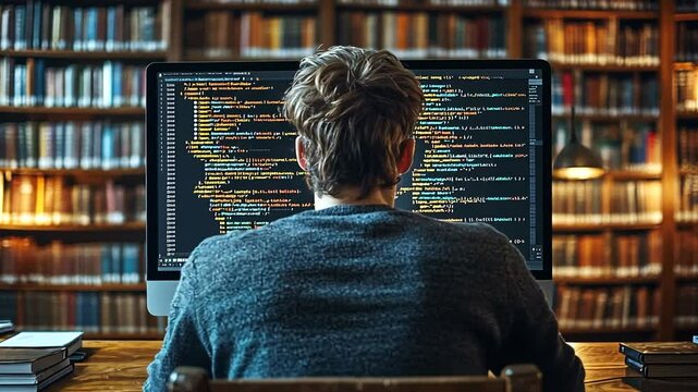A focused individual coding on a computer in a cozy library filled with books