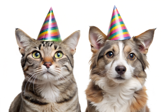 Cat and dog wearing party hats celebrating together pet birthday, cat, dog, pet, birthday, party, hat, celebration, animal, feline, canine, cute, festive, fun, friendship, together, tabby, corgi