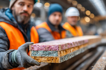 Three construction workers inspecting a multi-layered wooden beam for quality control