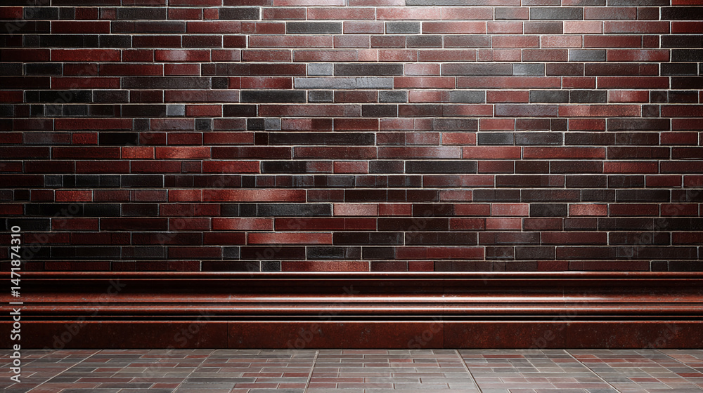 Poster brick wall background with red baseboard and tiled floor, showcasing a blank space ideal for product