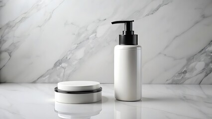 Minimalist skincare product set displayed on a white marble background for branding and beauty concepts