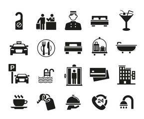 Hotel icons. Set of 20 hotel trendy minimal icons. Example: DoNotDisturb, Concierge, Bed, Cocktail, Elevator icon. Design signs for web page, mobile app, packaging design. Vector illustration.