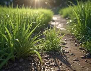 Vibrant new grass, dew-kissed blades, sunlight  , outdoor scene, springtime