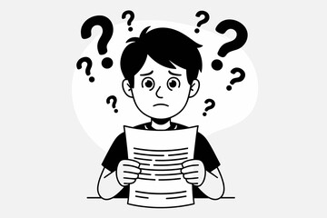 Confused boy reviewing paper with questions in mind