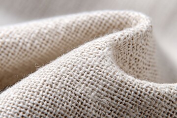 Detailed close-up of folded light beige burlap fabric, showcasing the rough texture and interwoven threads, revealing the material's rustic quality and natural weave.