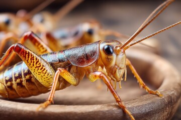Fototapeta premium A macro shot capturing the intricate details of a group of crickets in a close-up view, showcasing their antennae, legs, and textured exoskeleton with a shallow depth of field.