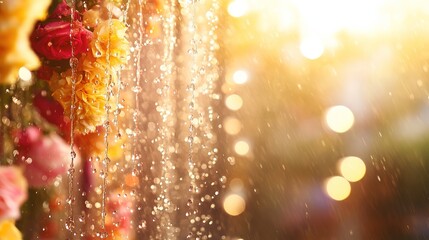 Vibrant water droplets and floral garlands capture the joy of a traditional water festival.
