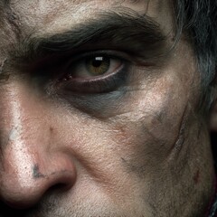 Naklejka premium Close-up of a man's face with a determined look, showing signs of wear and tear, highlighting resilience and inner strength.