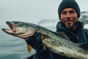 Obraz premium Man Proudly Holding Large Fish on Boat Water Adventure